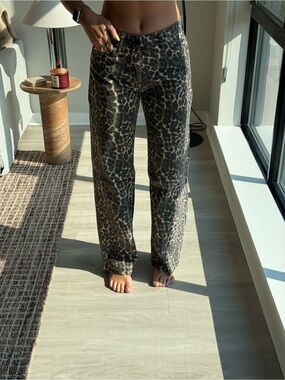 Amisu Leopard Print Straight Leg Jeans - Black/Brown